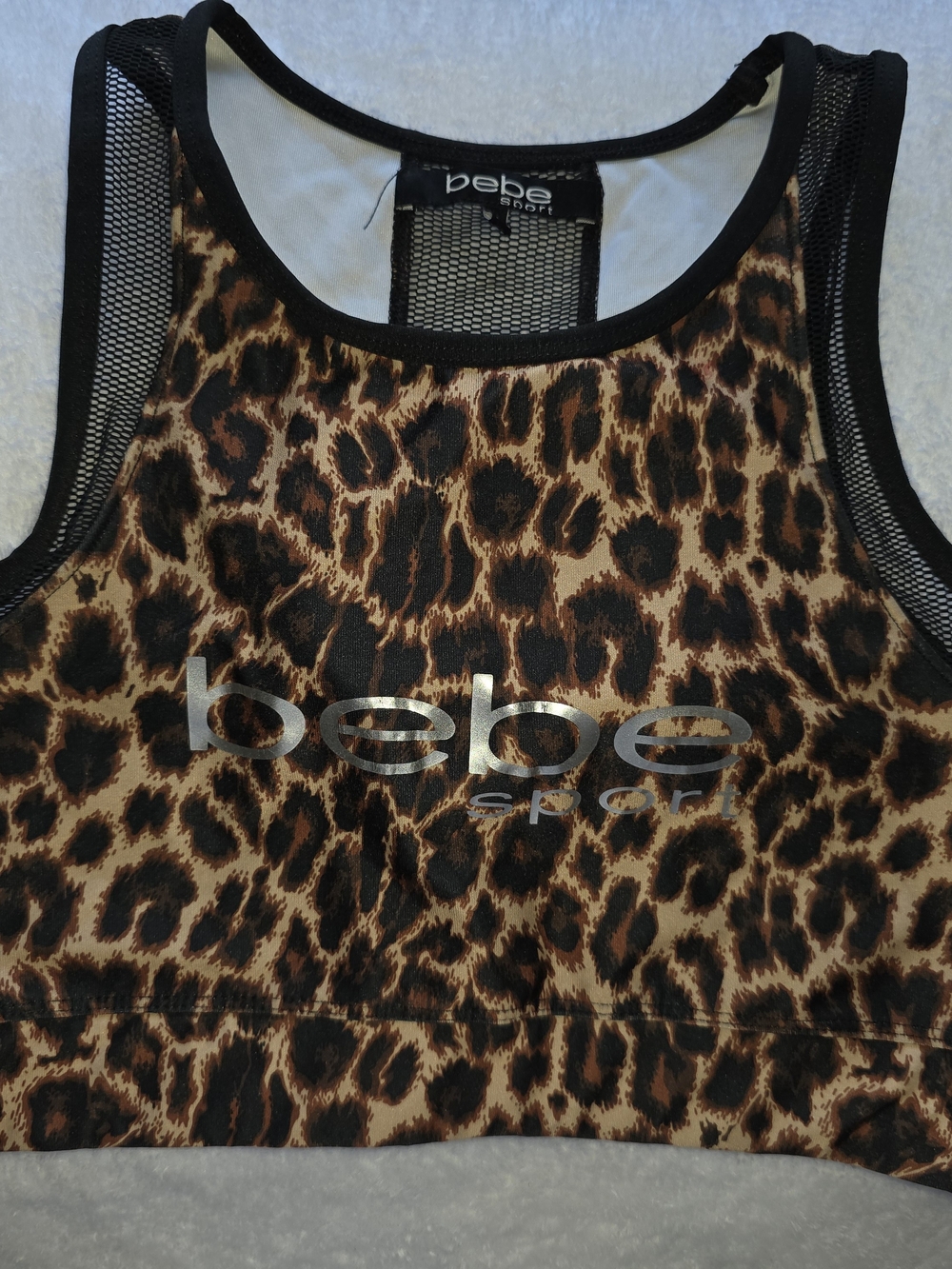 bebe Sport Leopard Print Mesh-Trim Athletic Crop Top - Black and Brown